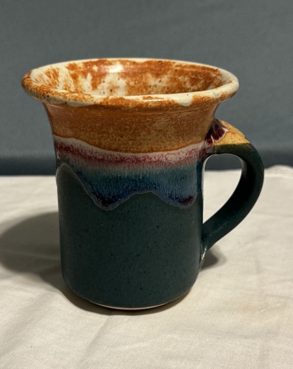 Studio Pottery Mug Green Brown Drip Stoneware Cup